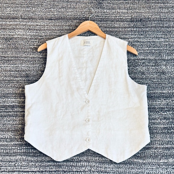DISSH 100% Linen Sleeveless Vest Size 10 US White Button up Coastal Minimalist - Picture 8 of 11